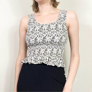 Japna White Animal Spotted Smocked Sleeveless Tank Top Blouse